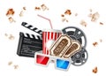 Vector movie cinema poster cup tape glasses Royalty Free Stock Photo