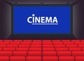 Realistic cinema empty hall or cinema theatre film with white empty screen entertainment movie. eps vector.