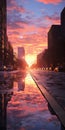 Realistic City Sunrise: A Red Pink Sky Reflecting In Detailed Rendering Royalty Free Stock Photo