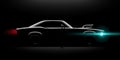 Realistic classic car coupe with a supercharger side view lighting in the dark