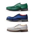 Realistic classic men shoes types. Isolated male natural leather footwear side view, different shapes and colors, green