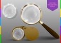 Realistic classic retro magnifying glass set. Vector Magnifier lens tool. Wooden Handle and golden Rim Isolated On transparent Royalty Free Stock Photo