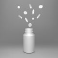 Realistic clean container with scattered tablets. White drug capsules and pills. Healthcare and medicine object for banner or