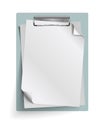 Realistic clipboard with a few blank white sheets of paper. Template or mock up for text and design. Empty paper notes, top view.