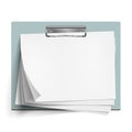 Realistic clipboard with a few blank white sheets of paper. Template or mock up for text and design. Empty paper notes, top view.