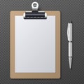 Realistic clipboards with blank white paper sheet and pen. Vector business template Royalty Free Stock Photo