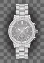 Realistic clock chronograph watch for men silver diamond grey face on checkered background luxury vector