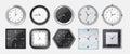 Realistic clock. Square and round metal and plastic office clocks with black and white dials and bezels. Vector wall