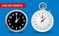 Realistic clock and stopwatch isolated on blue background. Vector