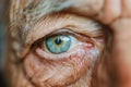 Realistic close up shot beautiful natural blue sad elderly male eye. Wrinkles, ageing skin. Eyes are the mirror of the soul