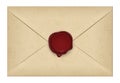 Realistic closed vintage old aged letter envelop with round dark red wax seal stamp. Paper parchment. Ancient postage