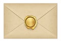 Realistic closed vintage old aged letter envelop with round golden wax seal stamp. Paper parchment. Ancient postage Royalty Free Stock Photo