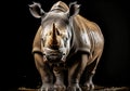 Realistic closeup portrait of a rhino on dark background. AI generated