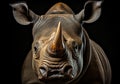 Realistic closeup portrait of a rhino on dark background. AI generated