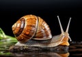 Realistic closeup portrait of a snail on dark background. AI generated