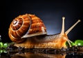 Realistic closeup portrait of a snail on dark background. AI generated