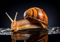 Realistic closeup portrait of a snail on dark background. AI generated