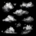 Realistic cloud. Fog white clouds collection, fluffy sky fog isolated on black sky background, smoke chemistry 3d