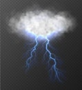 Realistic cloud with thunderbolt isolated on transparent background.