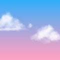 Realistic cloud. White nubes fluffy sky fog clouding isolated on sunrise or sunset blue pink background vector air