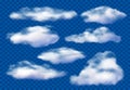 Realistic clouds. Cloudy sky, fluffy cloud and white vapor clouds isolated 3D vector illustration set
