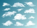 Realistic Clouds Set. Isolated Cloud on Transparent Background. Sky Panorama. Vector Design Element.