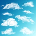 Realistic Clouds Set. White cloud. Blue Sky Panorama. Vector Illustration. Royalty Free Stock Photo