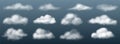 Realistic clouds. White transparent cumulus cloudy shapes mockup. Puffy smoke. Heaven evaporation. Overcast weather. Sky