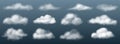 Realistic clouds. White transparent cumulus cloudy shapes mockup. Puffy smoke. Heaven evaporation. Overcast weather. Sky