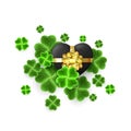 Realistic Clover Leaf and Gold 3d Heart symbols to St. Patrick`s Day holiday. Glossy Shamrock grass lucky icons for