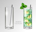 Realistic cocktail mojito on transparent background. Full and empty glass