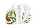 Realistic coconut. Cosmetics bottle, palm leaves and milk splashes. Realistic vector package mockup isolated on white