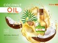 Realistic coconut oil poster. Care serum, liquid hair and skin care product, glass transparent bottle with nut pieces