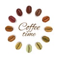 Realistic coffee beans placed in circle with place for text, i