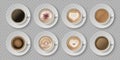 Realistic coffee cup. Top view of milk creams in cup with espresso cappuccino or latte, 3d isolated cafe mugs. Vector