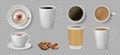 Realistic coffee cups. White ceramic and paper mugs with espresso latte and cappuccino. Vector 3D isolated coffee set Royalty Free Stock Photo