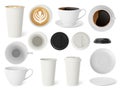 Realistic coffee set. Espresso 3d cup and americano takeaway paper mug. Isolated cappuccino, white plate and plastic Royalty Free Stock Photo