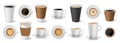 Realistic coffee to go cups. Coffee shop paper and ceramic cup mockups, takeaway cappuccino, latte and espresso 3D Royalty Free Stock Photo