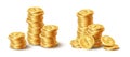 Realistic coins pile. Golden coin dollar stack, 3d jackpot coins, gold treasure prize, cash heaps Royalty Free Stock Photo