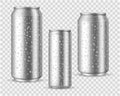 Realistic cold cans. Silver or aluminium metal wet blank energy drink and beer cans with droplets vector mockups Royalty Free Stock Photo