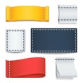 Realistic color blank fabric labels, badges with stitching vector set