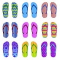 Realistic color flip flops. Rubber bright summer accessories, different design patterned sandals, swimming pool slippers