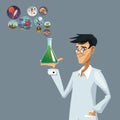 Realistic color poster closeup scientist with glass beaker with formula and icons world evolution
