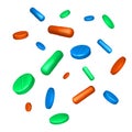 Realistic color scattered tablets. Red green and blue drug capsules isolated on white background. Healthcare and medicine object