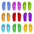 Realistic color slippers. Isolated 3d bright rubber sandals, summer swimming pool flip flop, beach and bathroom open