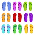 Realistic color slippers. Isolated 3d bright rubber sandals, summer swimming pool flip flop, beach and bathroom open shoes pairs.