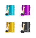 Realistic Color Steel Can Bucket and Paint Brush. Vector