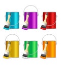 Realistic Color Steel Can Bucket and Paint Brush. Vector