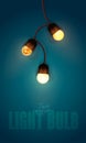 Realistic color vector illustration. glowing light bulb garland on gradient background. Template for greeting card to hol