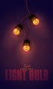 Realistic color vector illustration. glowing light bulb garland on gradient background. Template for greeting card to hol